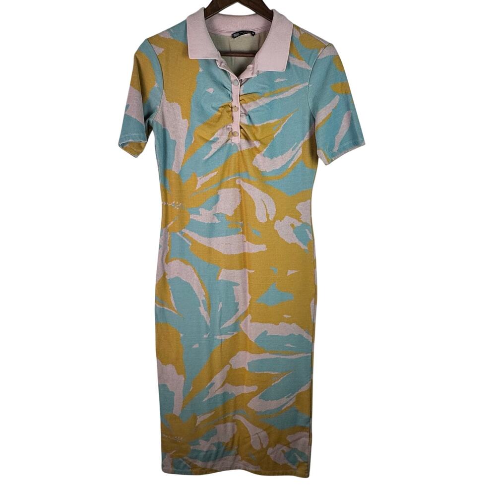 ZARA Floral Print Polo Midi Dress Pink Blue Yellow Bodycon Size M